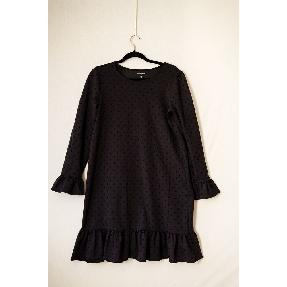 Lands' End black polka dot ruffles dress 16 goth witchy longsleeve midi